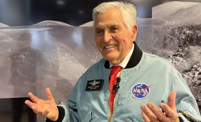 Apollo astronaut Harrison "Jack" Schmitt talks about having to acclimate to gravity after his moon mission in 1972 while being interviewed at the New Mexico Museum of Natural History and Science in Albuquerque, N.M., on April 22, 2026. (AP Photo/Susan Montoya Bryan)