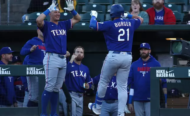 Texas Rangers' Jake Burger (21) is congratulated by Josh Jung, front left, after hitting a three-run home run during the first inning of a baseball game against the Athletics, Monday, April 13, 2026, in West Sacramento, Calif. (AP Photo/Scott Marshall)