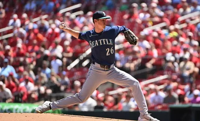 Seattle Mariners pitcher Emerson Hancock delivers against the St. Louis Cardinals during the first inning of a baseball game, Sunday, April 26, 2026, in St. Louis. (AP Photo/Jeff Le)