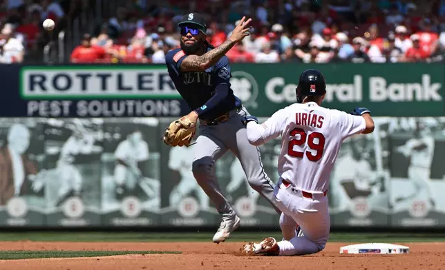 St. Louis Cardinals' Ramón Urías (29) is out as Seattle Mariners shortstop J.P. Crawford, left, throws to first to complete the double play against Victor Scott II during the second inning of a baseball game, Sunday, April 26, 2026, in St. Louis. (AP Photo/Jeff Le)