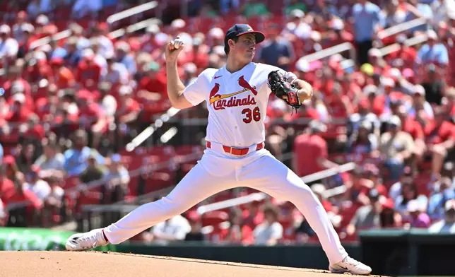 St. Louis Cardinals pitcher Michael McGreevy delivers against the Seattle Mariners during the first inning of a baseball game, Sunday, April 26, 2026, in St. Louis. (AP Photo/Jeff Le)