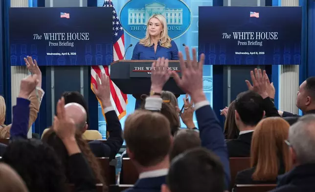 White House press secretary Karoline Leavitt speaks with reporters in the James Brady Press Briefing Room at the White House, Wednesday, April 8, 2026, in Washington. (AP Photo/Alex Brandon)