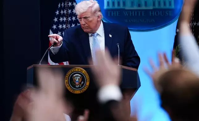 President Donald Trump speaks with reporters in the James Brady Press Briefing Room at the White House, Monday, April 6, 2026, in Washington. (AP Photo/Julia Demaree Nikhinson)