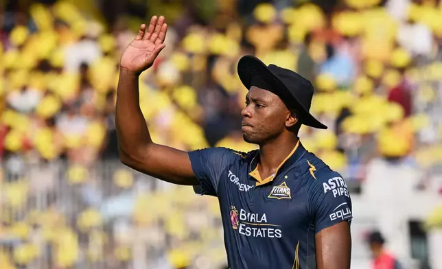 Gujarat Titans' Kagiso Rabada gestures in the field during the Indian Premier League cricket match between Chennai Super Kings and Gujarat Titans in Chennai, India, Sunday, April 26, 2026. (AP Photo)