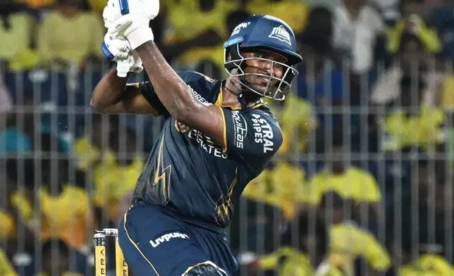 Gujarat Titans' Sai Sudharsan plays a shot during the Indian Premier League cricket match between Chennai Super Kings and Gujarat Titans in Chennai, India, Sunday, April 26, 2026. (AP Photo)