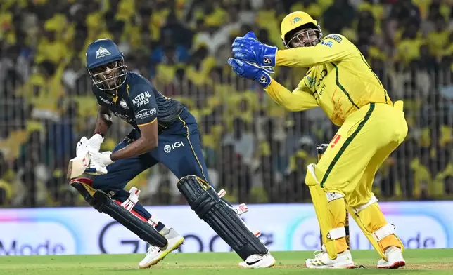 Gujarat Titans' Sai Sudharsan plays a shot during the Indian Premier League cricket match between Chennai Super Kings and Gujarat Titans in Chennai, India, Sunday, April 26, 2026. (AP Photo)