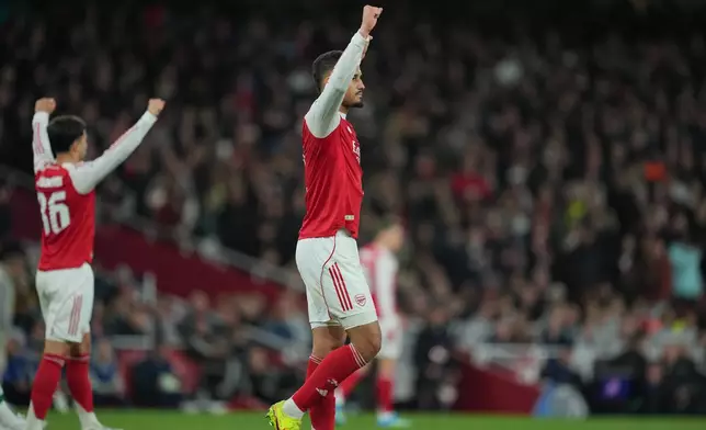 Arsenal's Martin Zubimendi, left, and William Saliba the UEFA Champions League second leg quarterfinal soccer match between Arsenal and Sporting in London, England, Wednesday, April 15, 2026. (AP Photo/Kin Cheung)