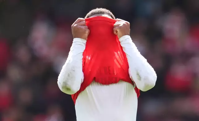 Arsenal's Gabriel reacts following defeat in Premier League soccer match between Arsenal and Bournemouth in London, England Saturday, April 11, 2026. (Adam Davy/PA via AP)