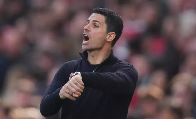 Arsenal's manager Mikel Arteta reacts during the Premier League soccer match between Arsenal and Bournemouth in London, England Saturday, April 11, 2026. (AP Photo/Dave Shopland)