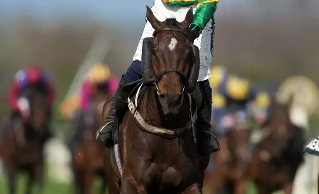 Jockey Paul Townend celebrates on I Am Maximus after winning the Grand National horse race at Aintree racecourse in Liverpool, Saturday, April 11, 2026. (AP Photo/Jon Super)
