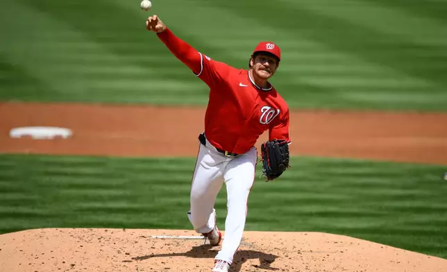 Washington Nationals relief pitcher Miles Mikolas throws during the second inning of a baseball game against the San Francisco Giants, Sunday, April 19, 2026, in Washington. (AP Photo/Nick Wass)