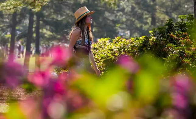 A patron walks on the 17th hole during the second round of the Masters golf tournament at the Augusta National Golf Club, Friday, April 10, 2026, in Augusta, Ga. (AP Photo/Matt Slocum)