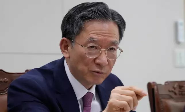 South Korean Justice Minister Jung Sung-ho speaks during a roundtable interview at the Justice Ministry in Gwacheon, South Korea, Thursday, April 9, 2026. (AP Photo/Ahn Young-joon)