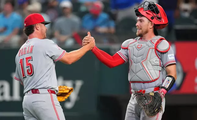 Cincinnati Reds pitcher Emilio Pagán, left, and catcher Tyler Stephenson react after their team defeated the Texas Rangers 5-3 during the Rangers' home-opener baseball game Friday, April 3, 2026, in Arlington, Texas. (AP Photo/Julio Cortez)