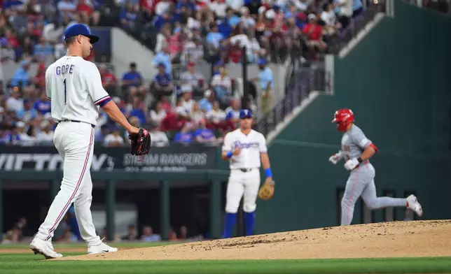 Texas Rangers starting pitcher MacKenzie Gore, left, looks on as Cincinnati Reds' Spencer Steer, right, runs the bases after hitting a two-run home run off him during the second inning of the Rangers' home-opener baseball game Friday, April 3, 2026, in Arlington, Texas. (AP Photo/Julio Cortez)