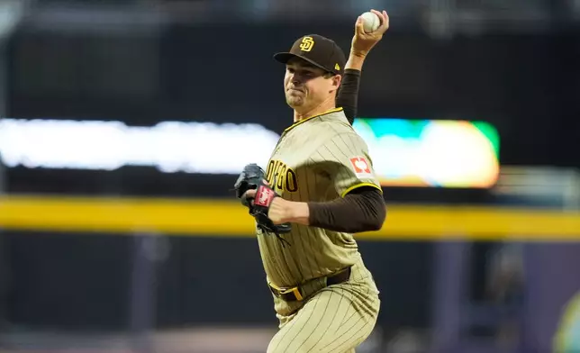 San Diego Padres' closing pitcher Mason Miller works against the Arizona Diamondbacks during the ninth inning of a baseball game in Mexico City, Saturday, April 25, 2026. (AP Photo/Fernando Llano)