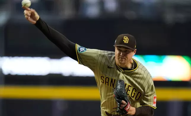 San Diego Padres' closing pitcher Mason Miller works against the Arizona Diamondbacks during the ninth inning of a baseball game in Mexico City, Saturday, April 25, 2026. (AP Photo/Fernando Llano)