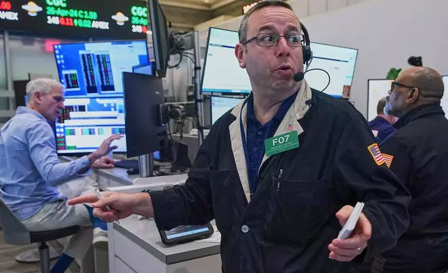 Options trader Matthew Hefter, center, works on the floor of the New York Stock Exchange, Thursday, April 23, 2026. (AP Photo/Richard Drew)