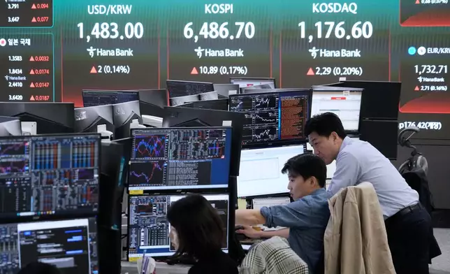 Currency traders watch monitors near a screen showing the Korea Composite Stock Price Index (KOSPI), top center, and the foreign exchange rate between U.S. dollar and South Korean won, top center left, at the foreign exchange dealing room of the Hana Bank headquarters in Seoul, South Korea, Friday, April 24, 2026. (AP Photo/Ahn Young-joon)