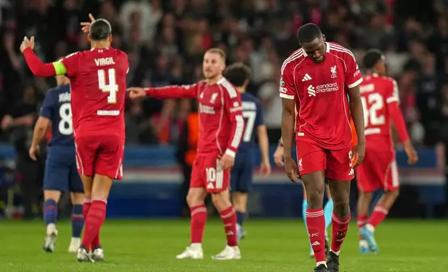 Liverpool's Ibrahima Konate bows his head at the end of the Champions League quarterfinal first leg soccer match between Paris Saint-Germain and Liverpool in Paris, Wednesday, April 8, 2026. (AP Photo/Aurelien Morissard)