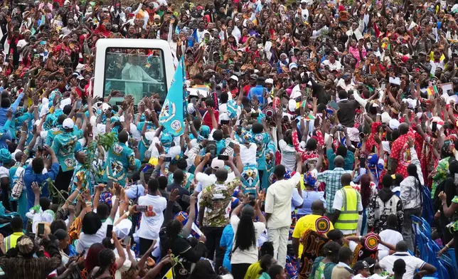Pope Leo XIV arrives to celebrate Mass at Bamenda Airport, Cameroon, Thursday, April 16, 2026, on the fourth day of his 11-day pastoral visit to Africa. (AP Photo/Andrew Medichini)
