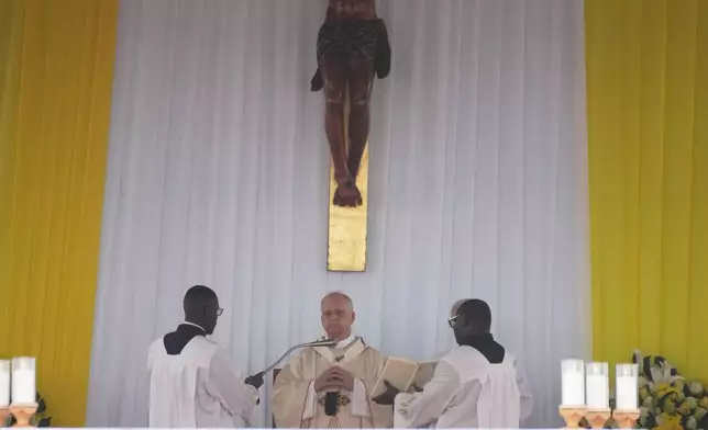 Pope Leo XIV celebrates Mass in the Japoma Stadium, in Douala, Cameroon, Friday, April 17, 2026 on the fifth day of his 11-day pastoral visit to Africa. (AP Photo/Andrew Medichini)