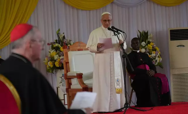 Pope Leo XIV delivers his message during a meeting with University students and professors at the Catholic University of Central Africa, in Yaounde Cameroon, Friday, April 17, 2026. (AP Photo/Andrew Medichini)