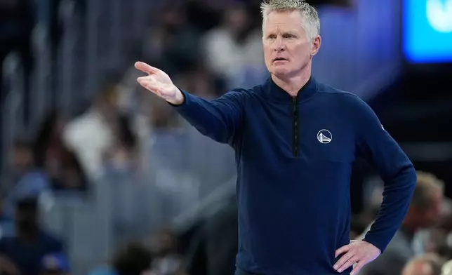 Golden State Warriors head coach Steve Kerr reacts during the first half of an NBA basketball game against the Sacramento Kings, Tuesday, April 7, 2026, in San Francisco. (AP Photo/Godofredo A. Vásquez)