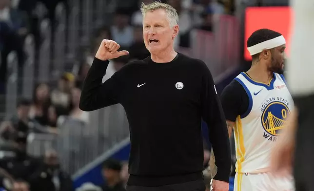 Golden State Warriors head coach Steve Kerr gestures during the first half of an NBA basketball game against the Los Angeles Lakers in San Francisco, Thursday, April 9, 2026. (AP Photo/Jeff Chiu)