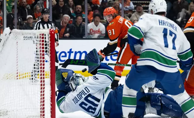 Anaheim Ducks center Leo Carlsson, top, scores past Vancouver Canucks goaltender Nikita Tolopilo during the third period of an NHL hockey game, Sunday, April 12, 2026, in Anaheim, Calif. (AP Photo/Kyusung Gong)