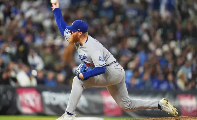 Los Angeles Dodgers relief pitcher Will Klein works against the Colorado Rockies in the sixth inning of a baseball game Saturday, April 18, 2026, in Denver. (AP Photo/David Zalubowski)