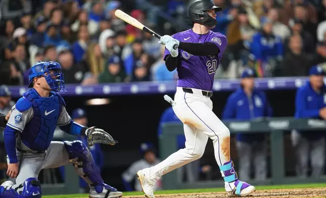 Colorado Rockies' Troy Johnston, right, follows the flight of his double to drive in two runs off Los Angeles Dodgers relief pitcher Will Klein in the sixth inning of a baseball game Saturday, April 18, 2026, in Denver. (AP Photo/David Zalubowski)