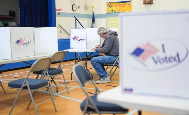 A person votes in the Virginia redistricting referendum at Lyles-Crouch Traditional Academy, Tuesday, April 21, 2026, in Alexandria, Va. (AP Photo/Julia Demaree Nikhinson)