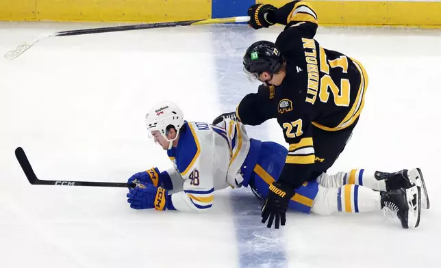 Boston Bruins' Hampus Lindholm (27) falls on Buffalo Sabres' Tyson Kozak (48) while battling for the puck during the first period in Game 4 of a first-round NHL hockey Stanley Cup playoff series, Sunday, April 26, 2026, in Boston. (AP Photo/Michael Dwyer)