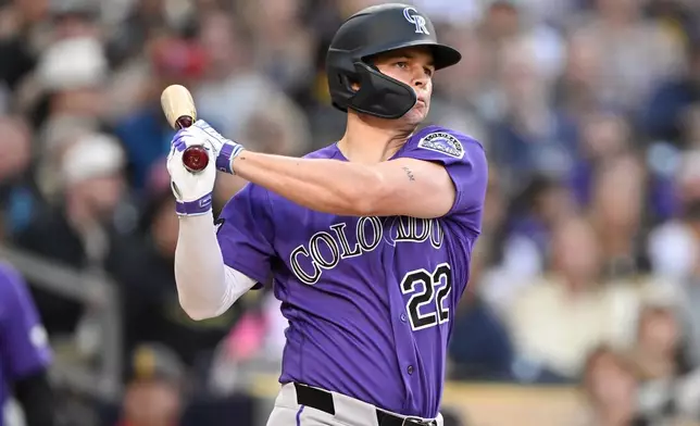 Colorado Rockies' Mickey Moniak (22) hits a solo home run during the third inning of a baseball game against the San Diego Padres Saturday, April 11, 2026, in San Diego. (AP Photo/Denis Poroy)