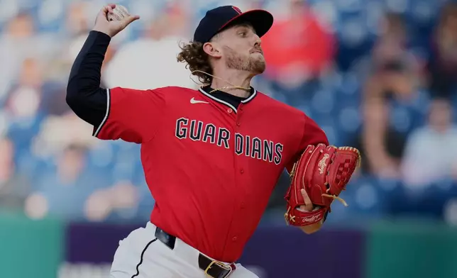Cleveland Guardians' Tanner Bibee pitches in the first inning of a baseball game against the Tampa Bay Rays in Cleveland, Tuesday, April 28, 2026. (AP Photo/Sue Ogrocki)