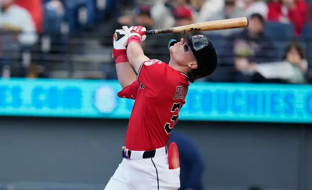 Cleveland Guardians' Travis Bazzana watches a foul ball during an at bat in the second inning of a baseball game against the Cleveland Guardians in Cleveland, Tuesday, April 28, 2026. (AP Photo/Sue Ogrocki)