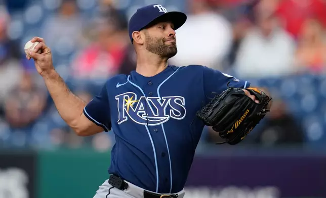 Tampa Bay Rays' Nick Martinez (28) pitches in the first inning of a baseball game against the Cleveland Guardians in Cleveland, Tuesday, April 28, 2026. (AP Photo/Sue Ogrocki)