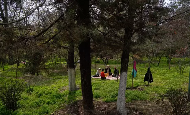 A family enjoys their time during the annual public picnic day, known as Sizdeh Bedar, an ancient tradition, marking the 13th and last day of Iranian New Year, or Nowruz, holidays, at Mellat park in Tehran, Iran, Thursday, April 2, 2026. (AP Photo/Vahid Salemi)