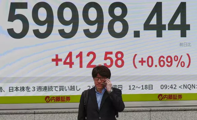 A person walks in front of an electronic stock board showing Japan's Nikkei index at a securities firm Thursday, April 23, 2026, in Tokyo. (AP Photo/Eugene Hoshiko)