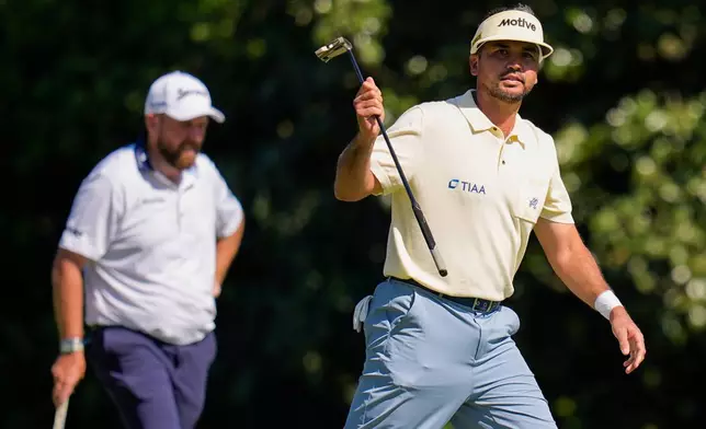 Jason Day, of Australia, reacts after missing a putt on the 11th hole during the second round of the Masters golf tournament at the Augusta National Golf Club, Friday, April 10, 2026, in Augusta, Ga. (AP Photo/Eric Gay)