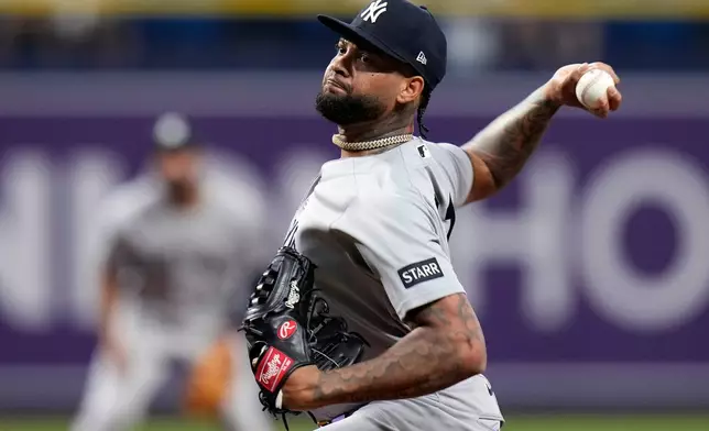 New York Yankees pitcher Luis Gil delivers to the Tampa Bay Rays during the first inning of a baseball game Friday, April 10, 2026, in St. Petersburg, Fla. (AP Photo/Chris O'Meara)