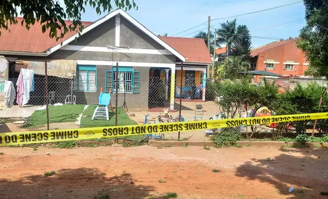 The crime scene after a man killed four children in a machete attack at the Gaba Early Childhood Development Program nursery school in Kampala, Uganda, Thursday, April 2, 2026. (AP Photo)