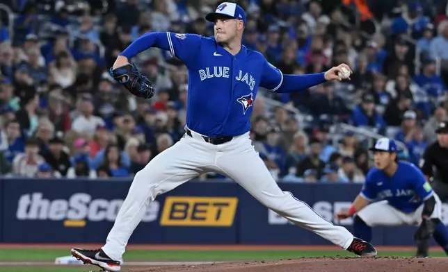 Toronto Blue Jays starting pitcher Patrick Corbin (46) throws to a Cleveland Guardians batter in first inning of a baseball game, in Toronto, Sunday, April 26, 2026. (Jon Blacker/The Canadian Press via AP)