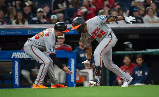 Baltimore Orioles' Jeremiah Jackson (82) is congratulated by third base coach Buck Britton, left, after hitting a three tun home run off Cleveland Guardians relief pitcher Connor Brogdon during the eighth inning of a baseball game, Friday, April 17, 2026, in Cleveland. (AP Photo/Phil Long)
