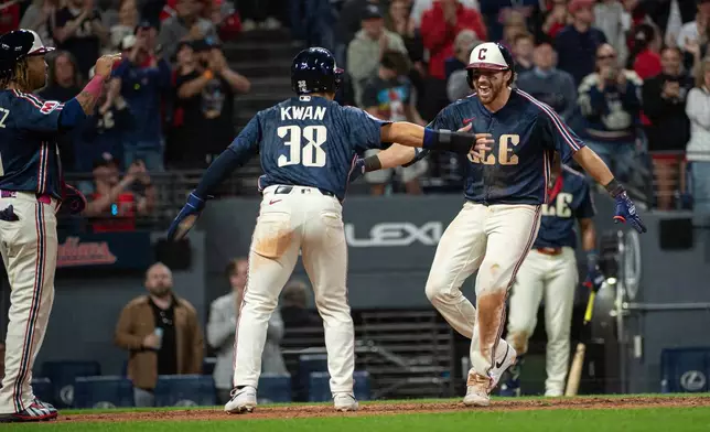 Cleveland Guardians' Daniel Schneemann, right, is greeted by Steven Kwan (38) and Jose Ramirez after hitting a grand slam home run off Baltimore Orioles relief pitcher Anthony Nunez during the seventh inning of a baseball game, Friday, April 17, 2026, in Cleveland. (AP Photo/Phil Long)