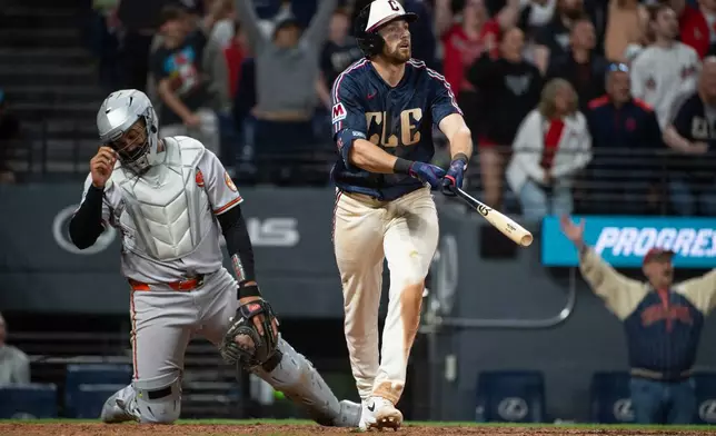 Cleveland Guardians' Daniel Schneemann watches his grand slam home run off Baltimore Orioles relief pitcher Anthony Nunez as catcher Samuel Basallo looks away during the seventh inning of a baseball game, Friday, April 17, 2026, in Cleveland. (AP Photo/Phil Long)