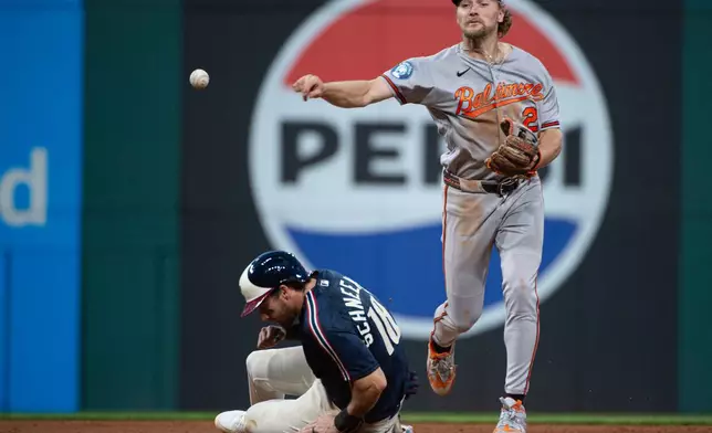 Baltimore Orioles' Gunnar Henderson, right, forces Cleveland Guardians' Daniel Schneemann, left, at second base but his throw to first was not in time for a double play during the sixth inning of a baseball game, Friday, April 17, 2026, in Cleveland. (AP Photo/Phil Long)