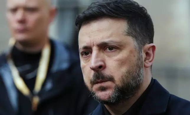 Ukraine's President Volodymyr Zelenskyy arrives for the International Four Freedoms Award ceremony in Middelburg, Netherlands, Thursday, April 16, 2026. (AP Photo/Peter Dejong)