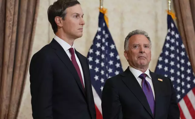 Jared Kushner, left, and Steve Witkoff, Special Envoy for Peace Missions listen as Vice President JD Vance speaks during a news conference after meeting with representatives from Pakistan and Iran, Sunday, April 12, 2026, in Islamabad, Pakistan. (AP Photo/Jacquelyn Martin, Pool)